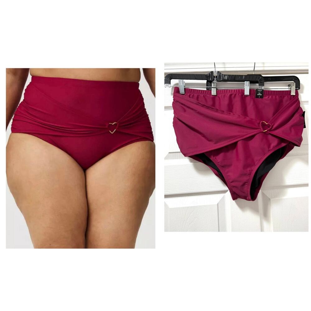Torrid Plus Size 3 Raspberry High Waist Ruched Full Coverage Swim Briefs Bottoms